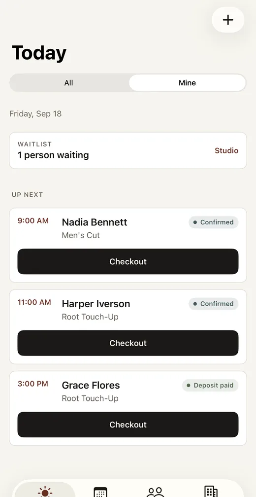 The Parlor iPhone app's Today tab: the waitlist count and the next three appointments, each with a Checkout button