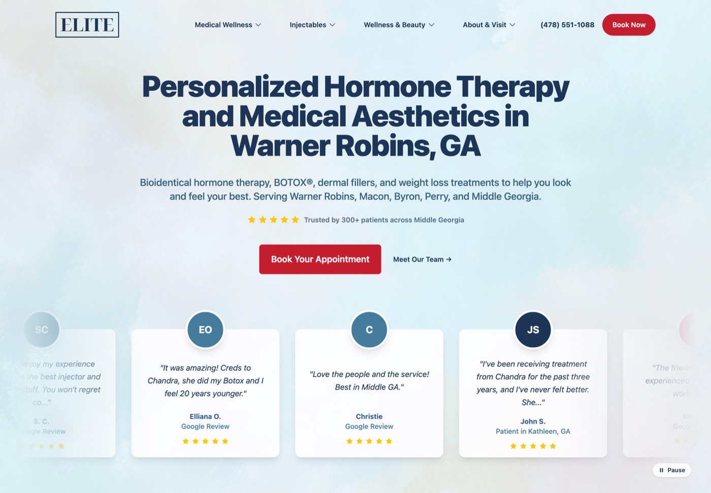 Screenshot of the Elite Aesthetics & Wellness website